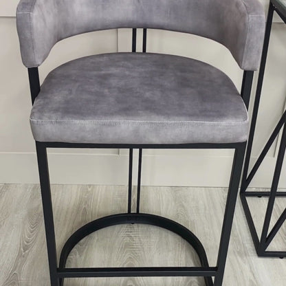 Curved Grey Velvet and Black Frame Counter Stool