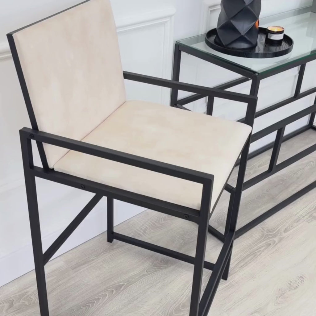 Kai Cream Velvet Bar Stool with Black Square Frame