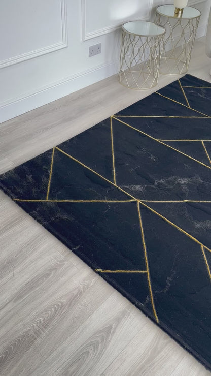 Black & Gold Marble Effect Geometric Rug 160 x 220