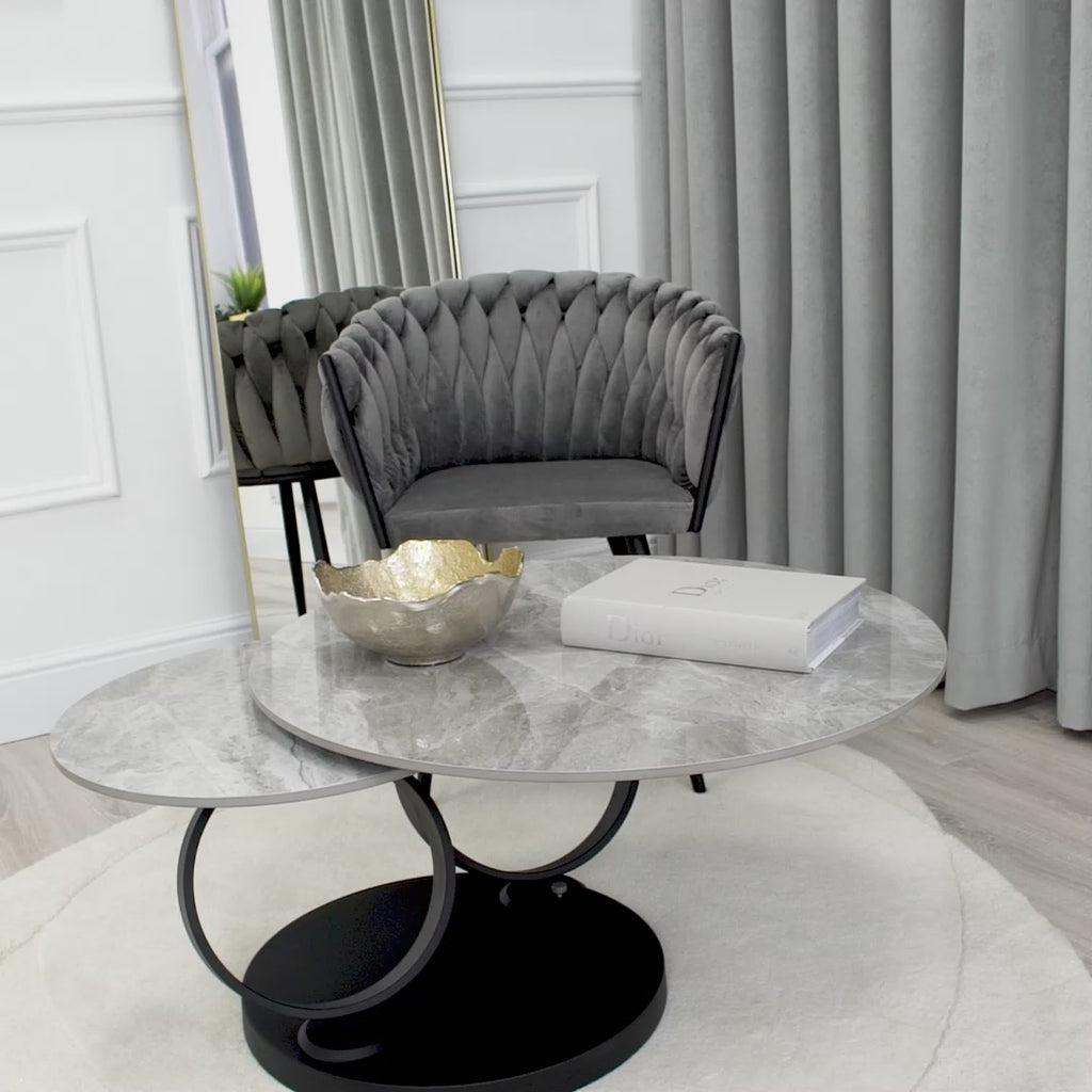 Grey Ceramic Swivel Coffee Table Marble Effect With Black Base