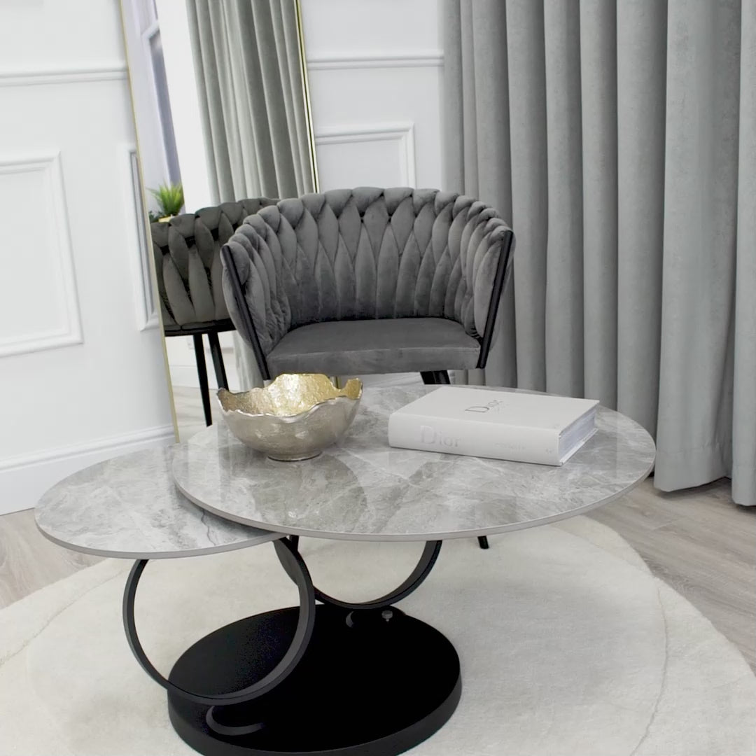 Grey Ceramic Swivel Coffee Table Marble Effect With Black Base