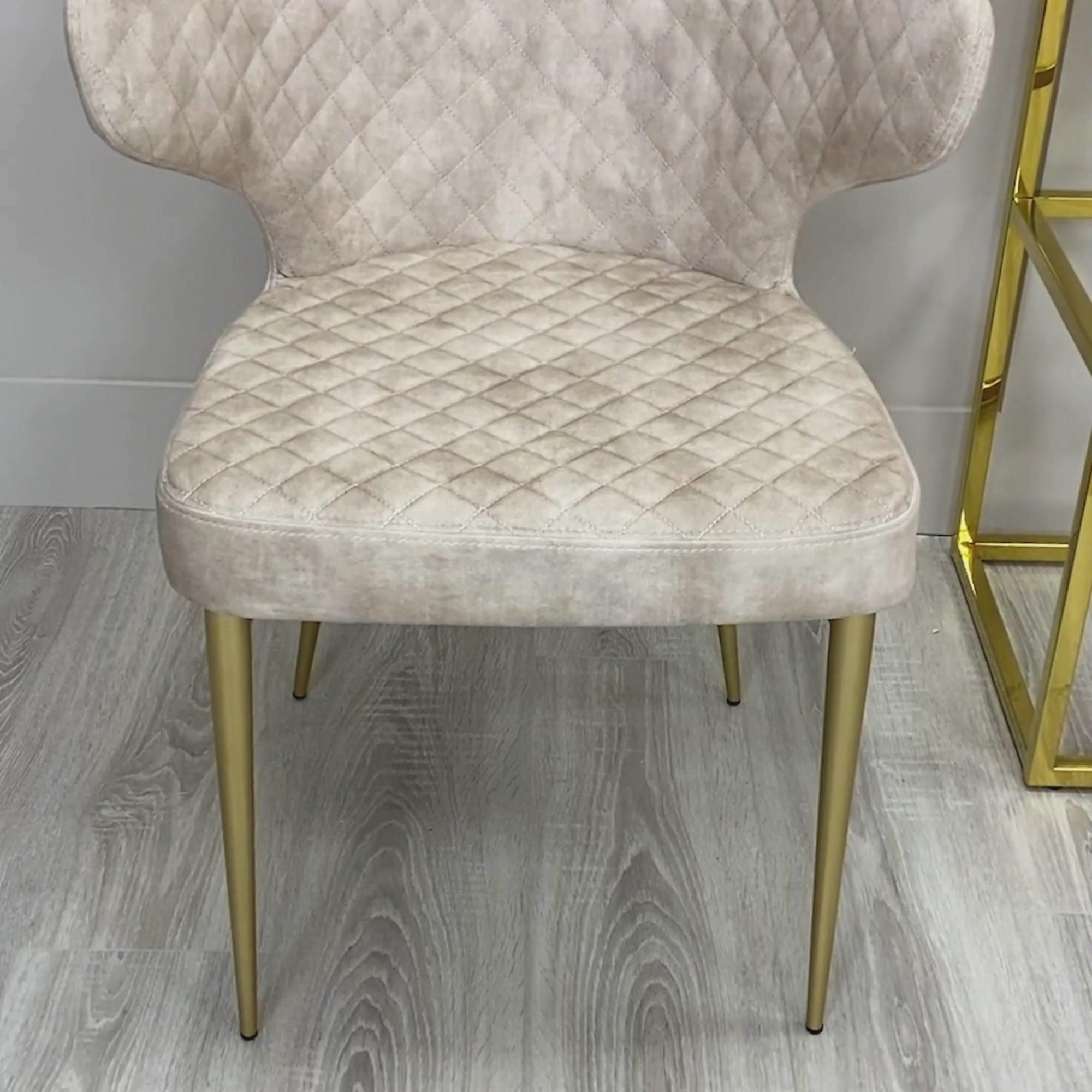 Levi Cream Velvet Dining Chair With Quilting Design Gold Legs