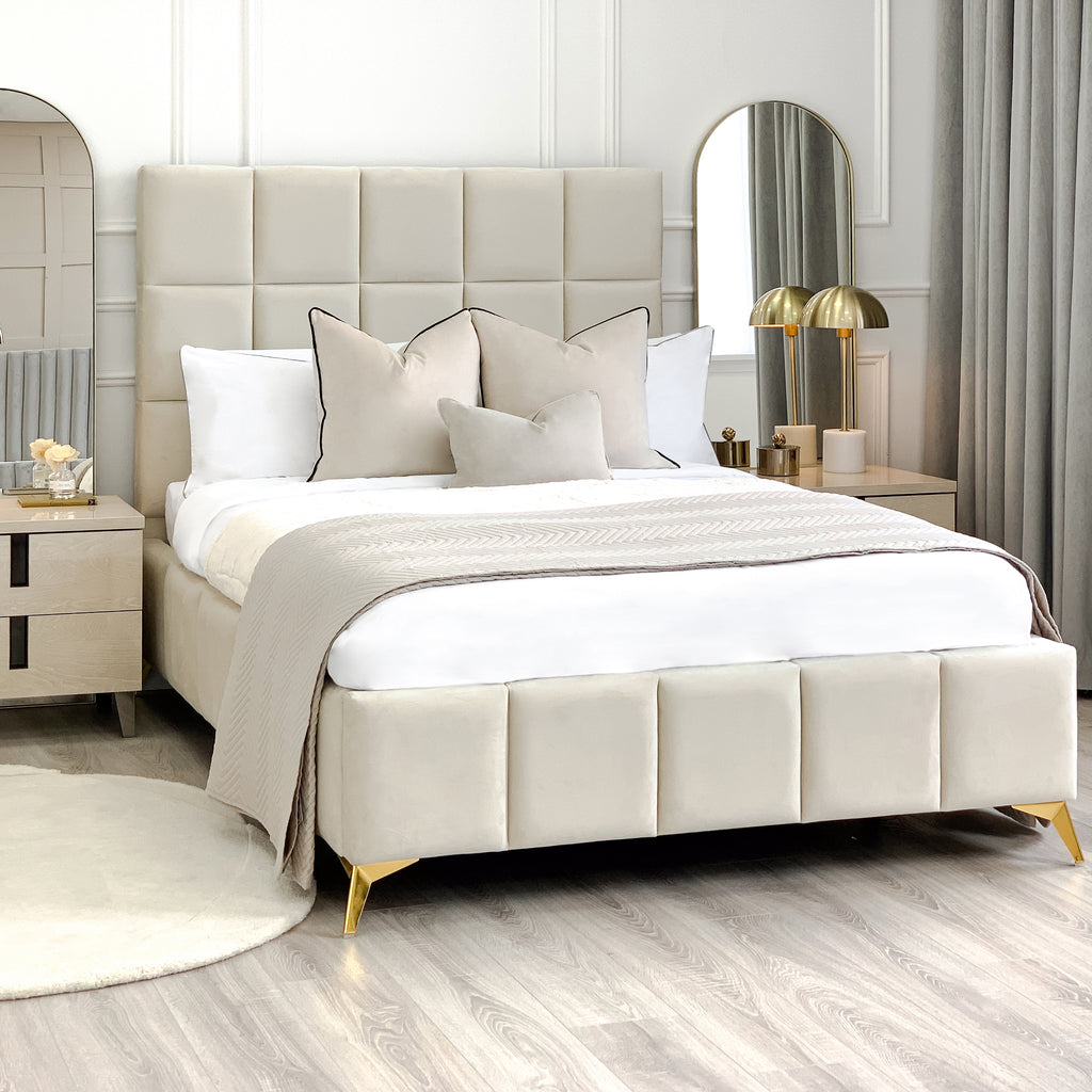 Imogen Velvet Cream Padded Ottoman Storage Bed With Gold Legs