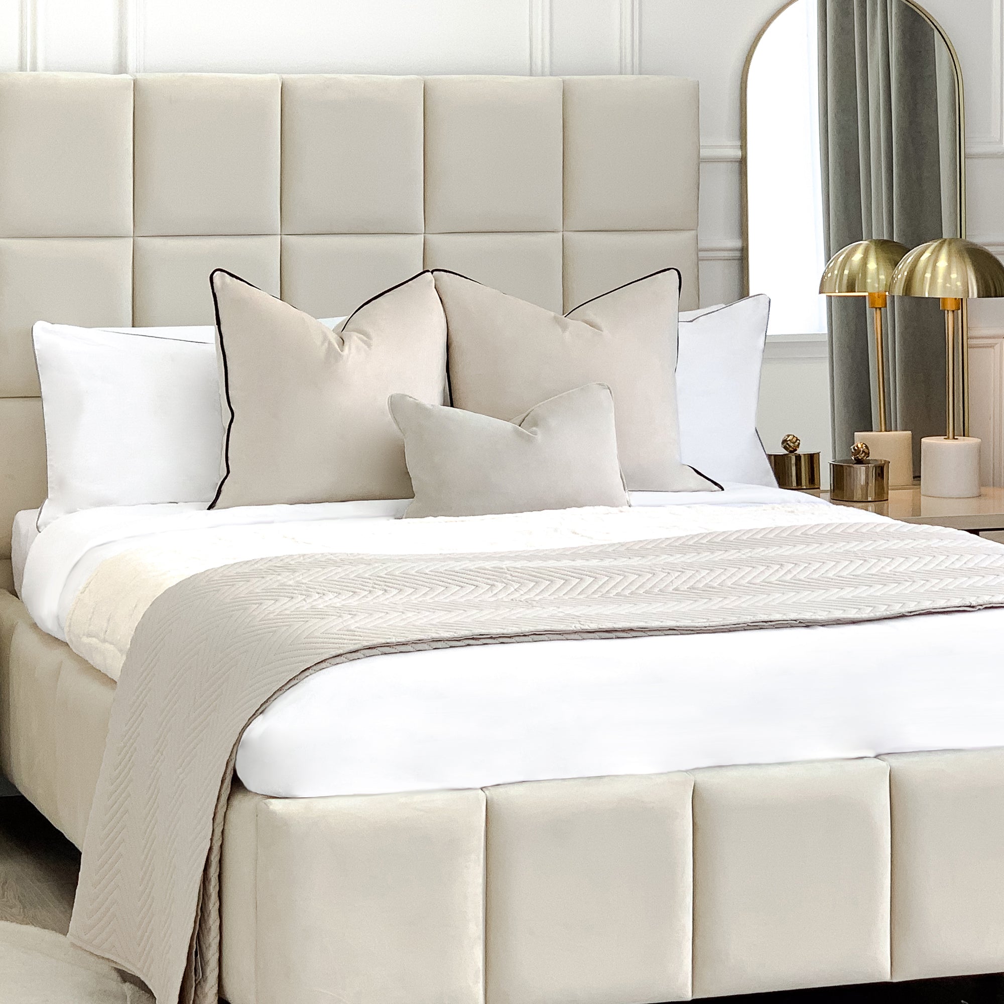 Imogen Velvet Cream Padded Ottoman Storage Bed With Gold Legs