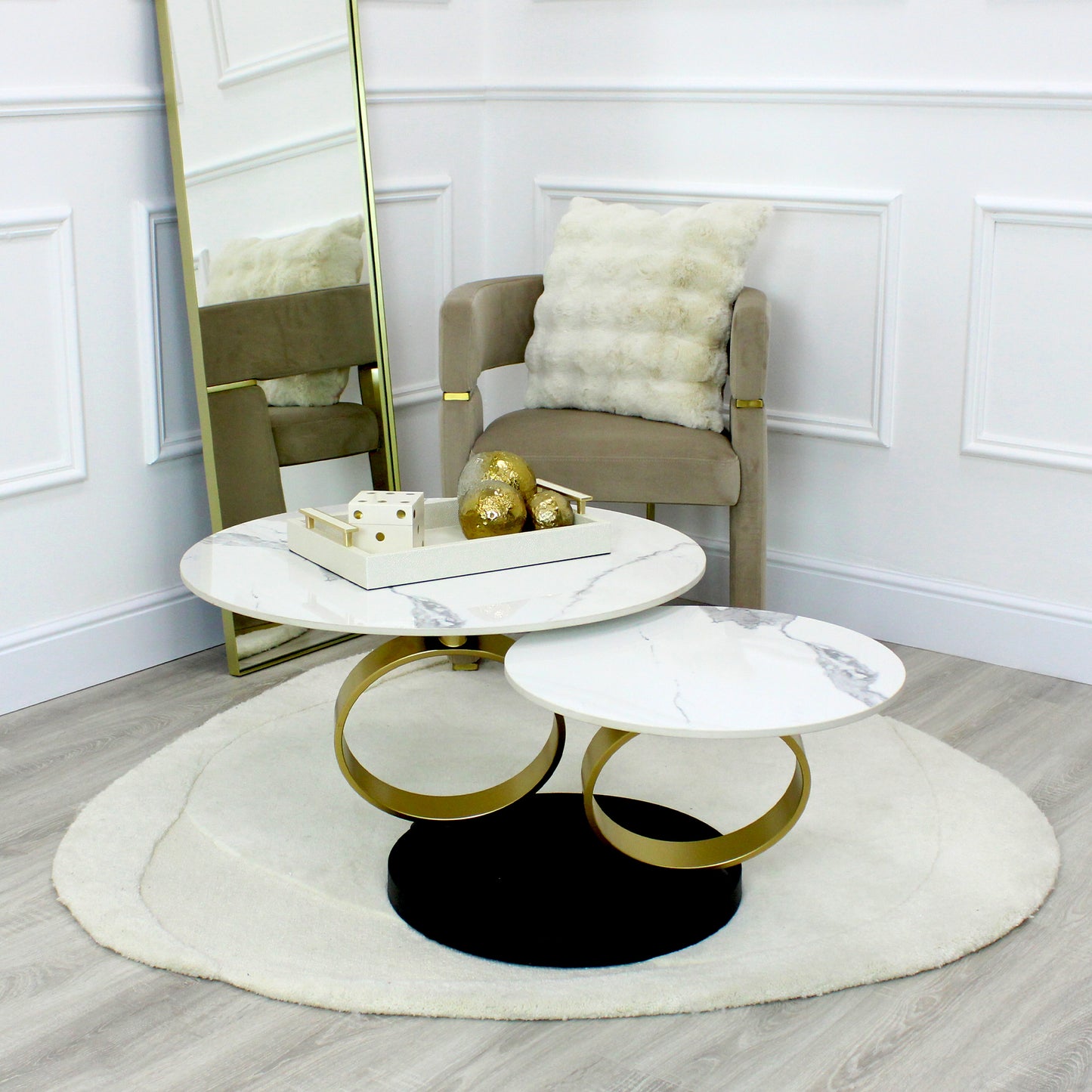 White Ceramic Swivel Coffee Table Marble Effect With Gold Base