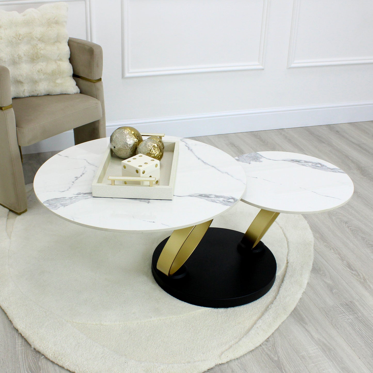 White Ceramic Swivel Coffee Table Marble Effect With Gold Base