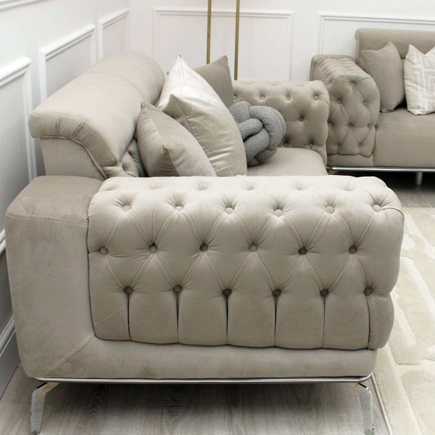 Yasmin Buttoned Greige Velvet 2 Seater Sofa With Silver Legs