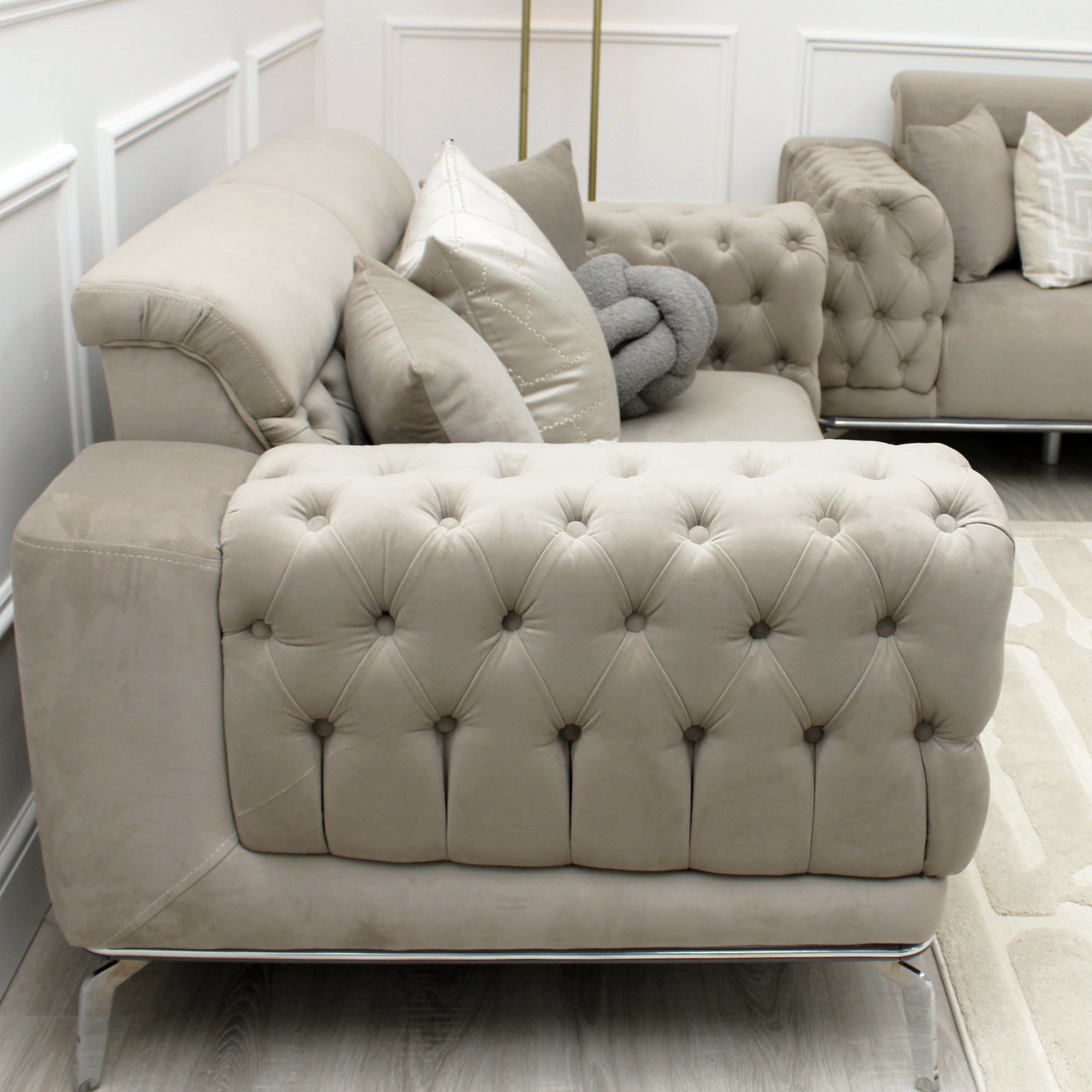 Yasmin Light Grey Velvet 3 Seater Sofa With Silver Legs