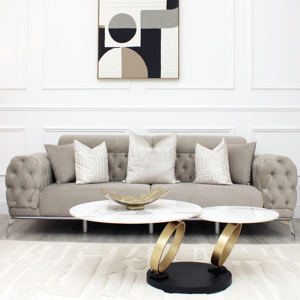 Yasmin Buttoned Light Grey Velvet 2 Seater Sofa With Silver Legs