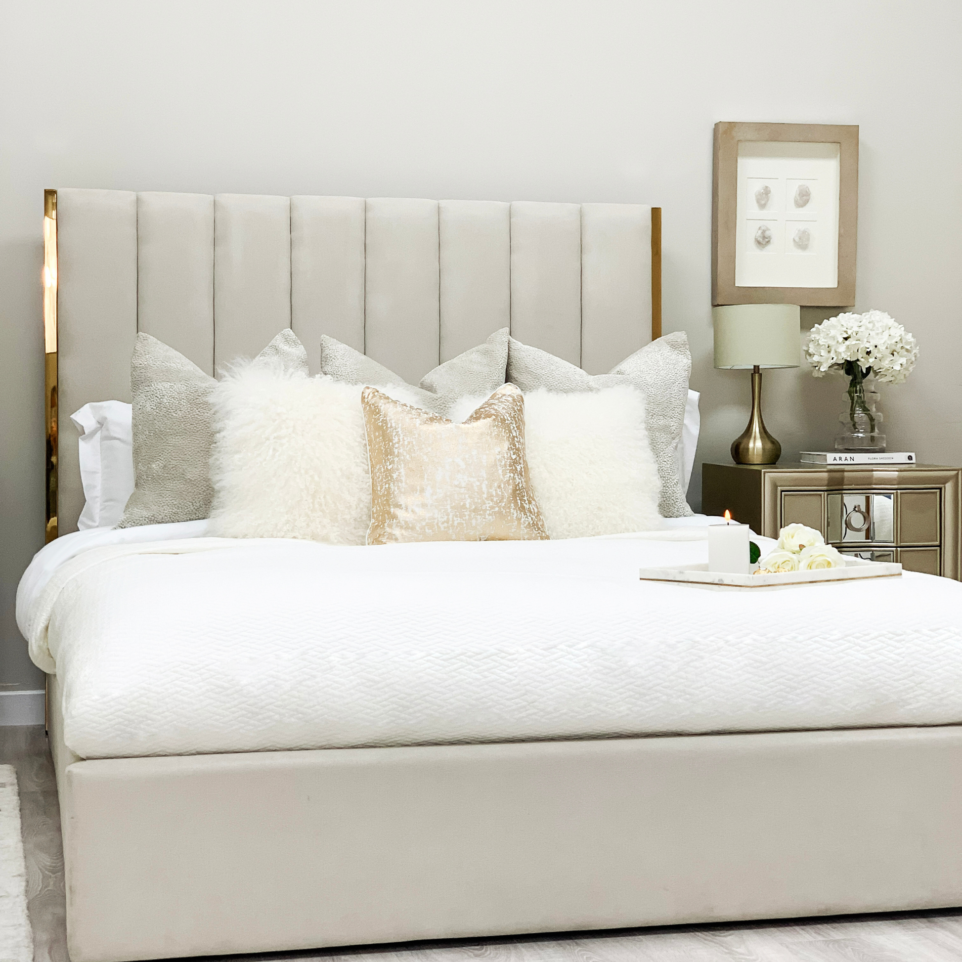 Chloe Neutral Beige Bed With Gold Trim And Ottoman Storage