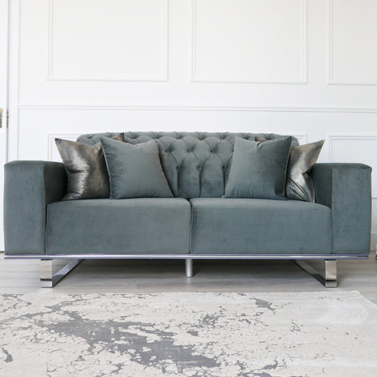 Eliza Grey Velvet 2 Seater Sofa With Silver Trim Eliza Grey Velvet 3 Seater Sofa With Silver Trim