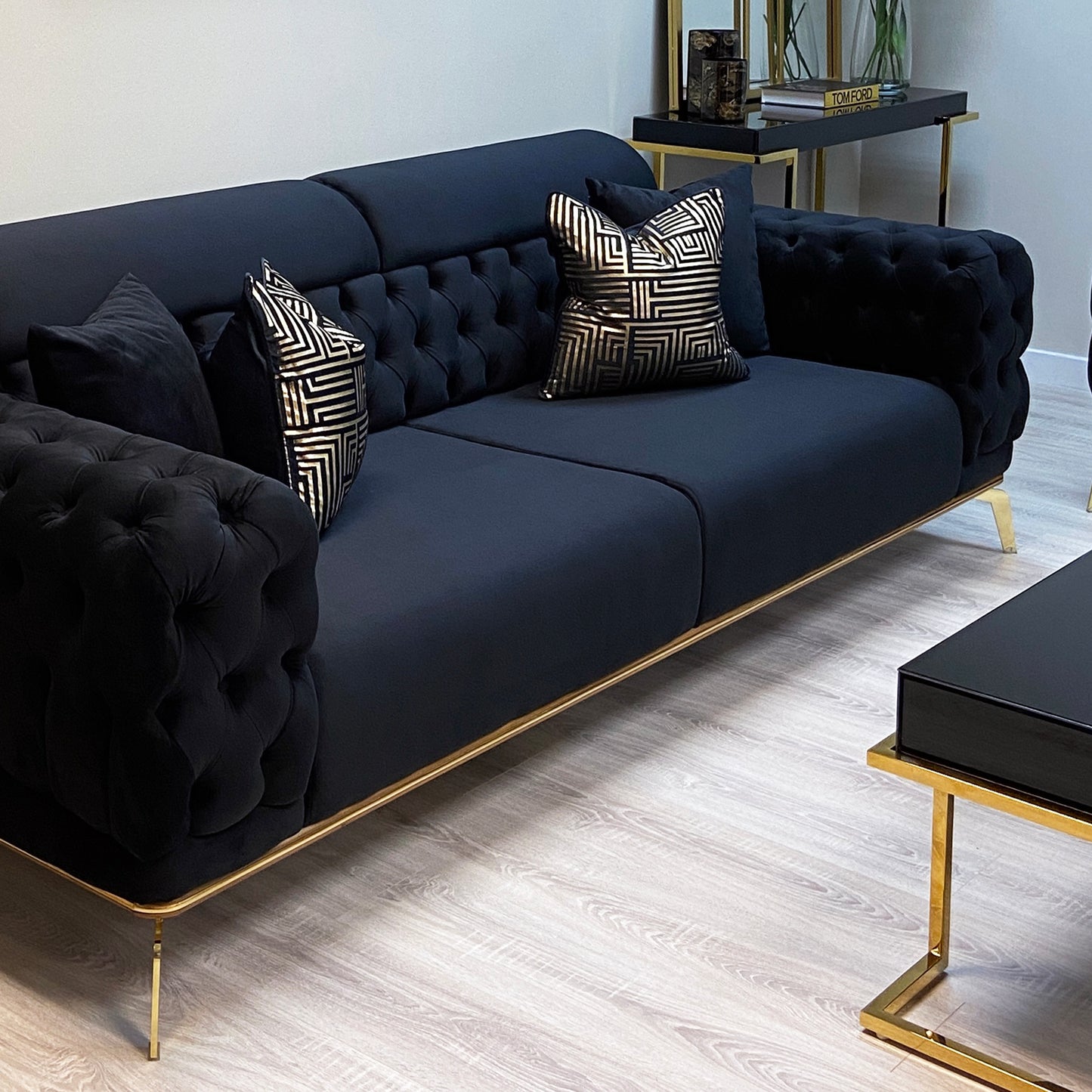 Yasmin Black Velvet 3 Seater Sofa With Gold Legs