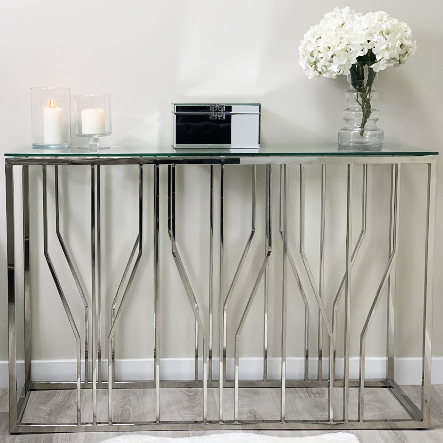 Aria Silver Deco Console Table With Clear Glass Top