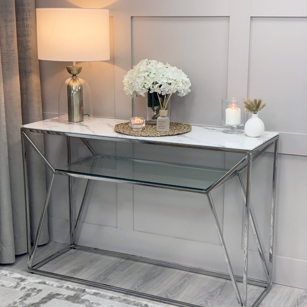 Ava Silver Chrome Console Table With White Marble Effect Top