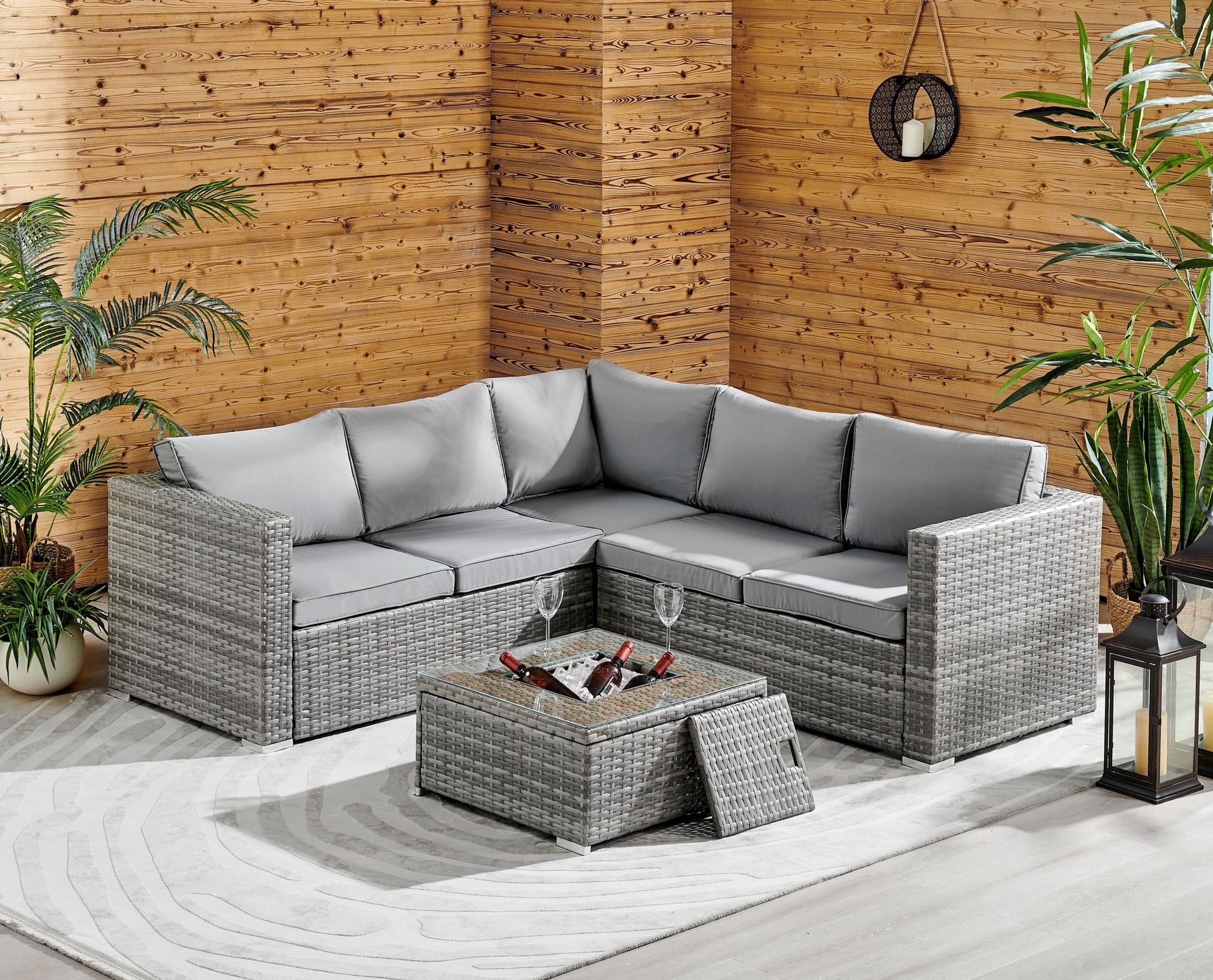 Grey rattan corner sofa set with ice bucket