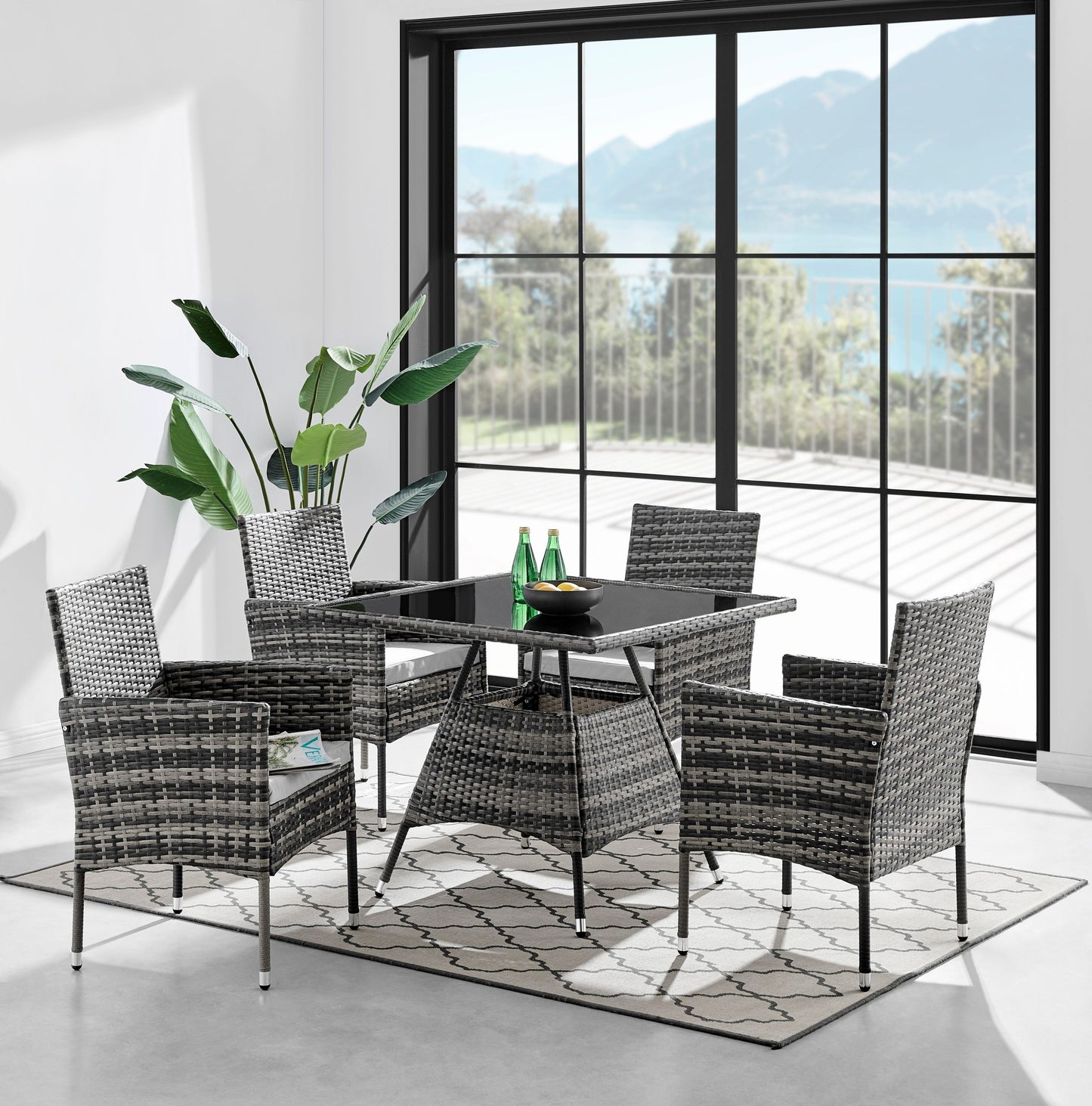 Seville Grey 4 Seater Square Rattan Bistro Set With Light Grey Cushions
