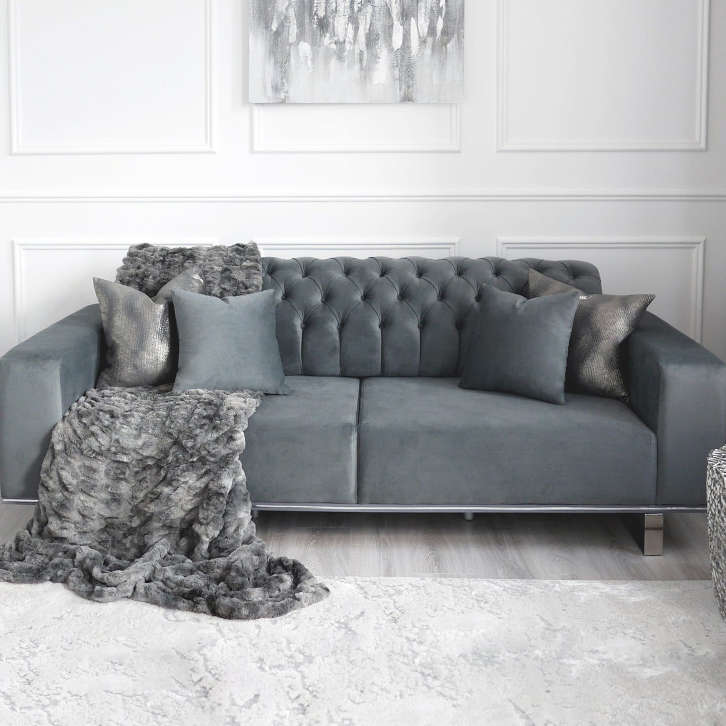 Eliza Grey Velvet 3 Seater Sofa With Silver Trim