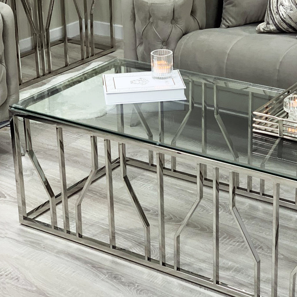 Aria Silver Deco Coffee Table With Clear Glass Top