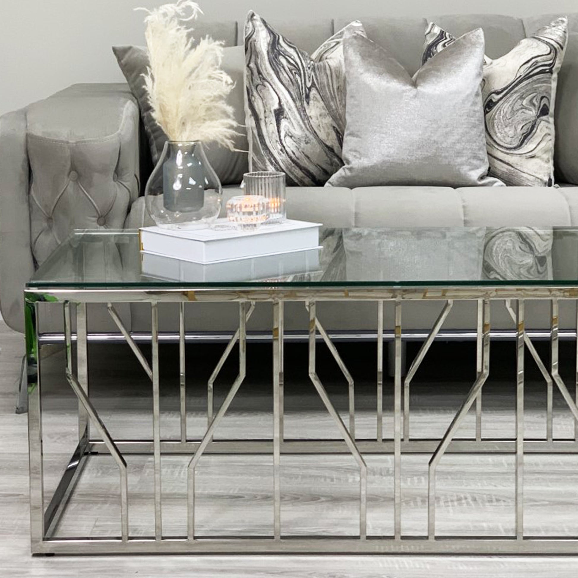 Aria Silver Deco Coffee Table With Clear Glass Top