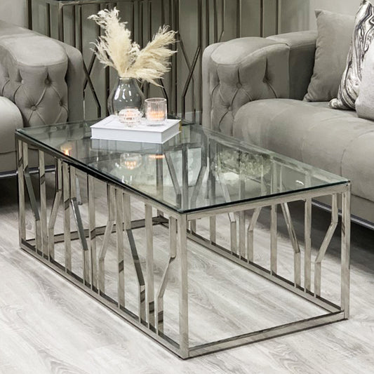 Aria Silver Deco Coffee Table With Clear Glass Top