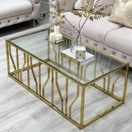 Aria Gold Deco Coffee Table With Clear Glass Top