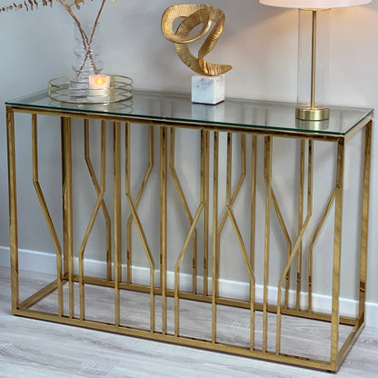 Aria Gold Deco Console Table With Clear Glass Top