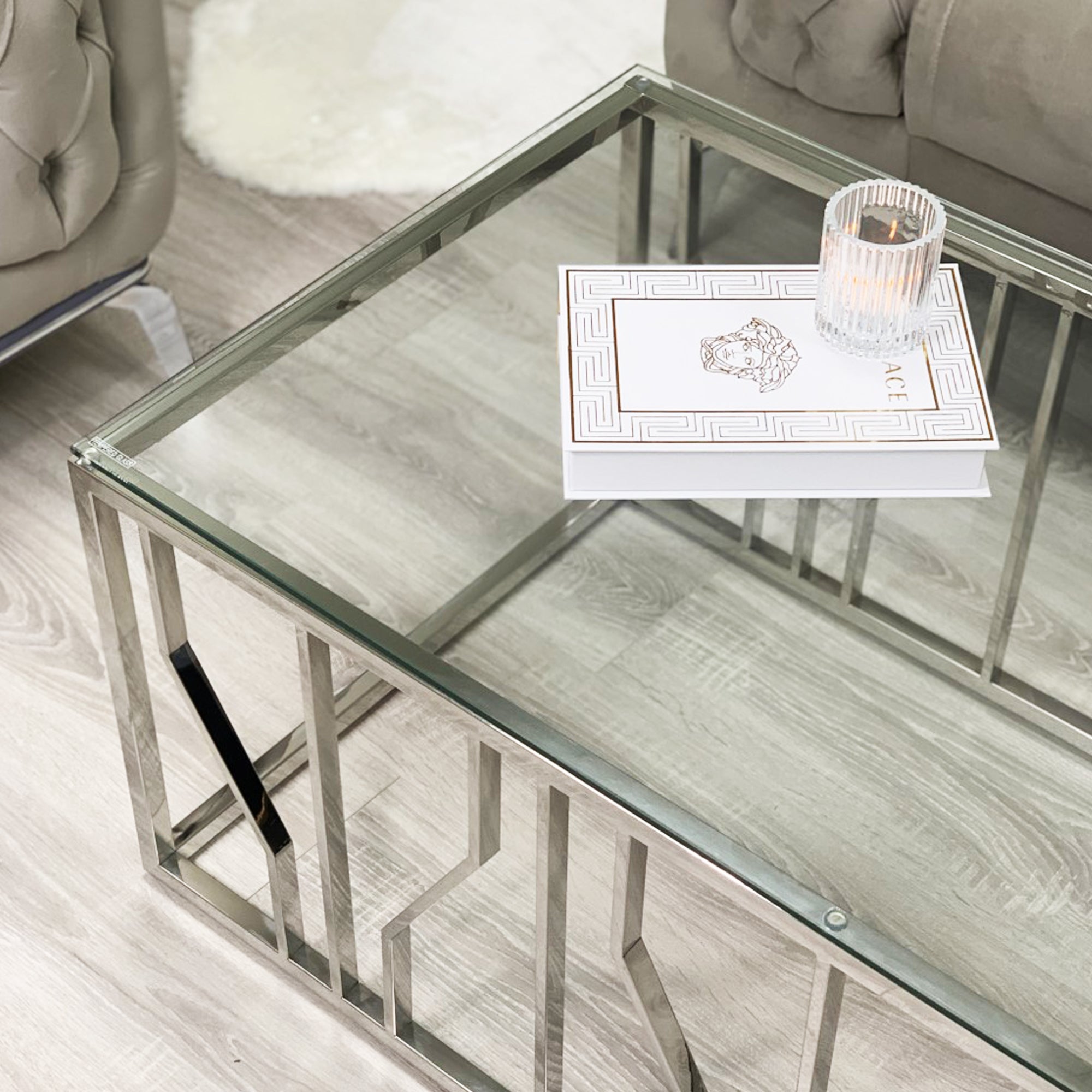 Aria Silver Deco Coffee Table With Clear Glass Top