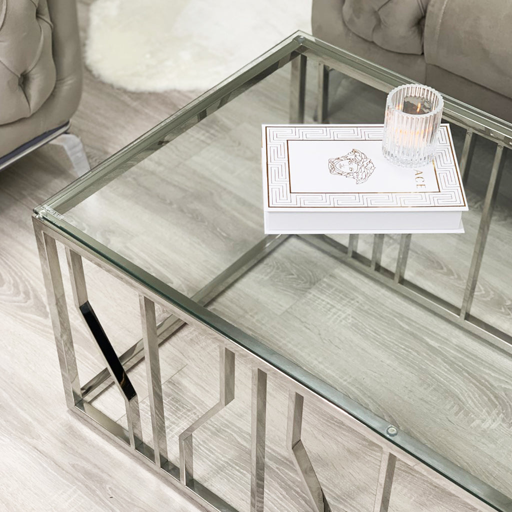 Aria Silver Deco Coffee Table With Clear Glass Top