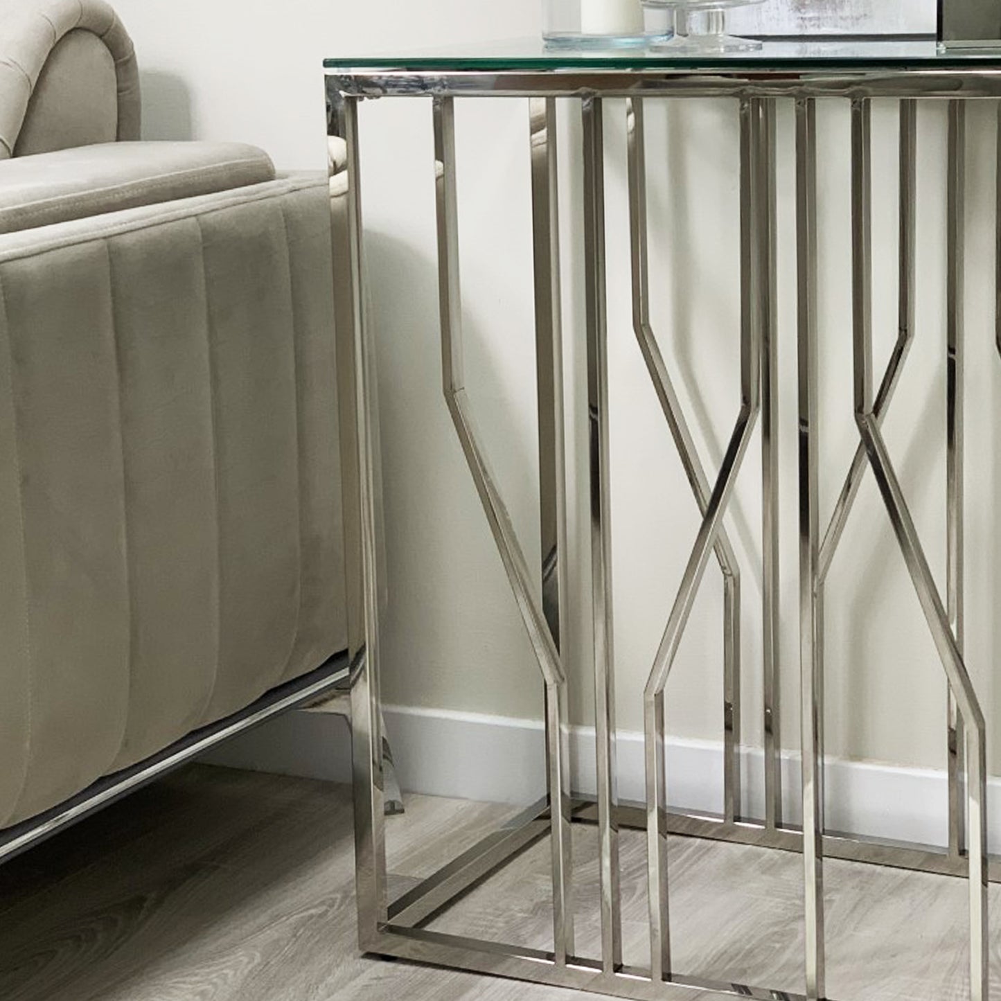 Aria Silver Deco Console Table With Clear Glass Top