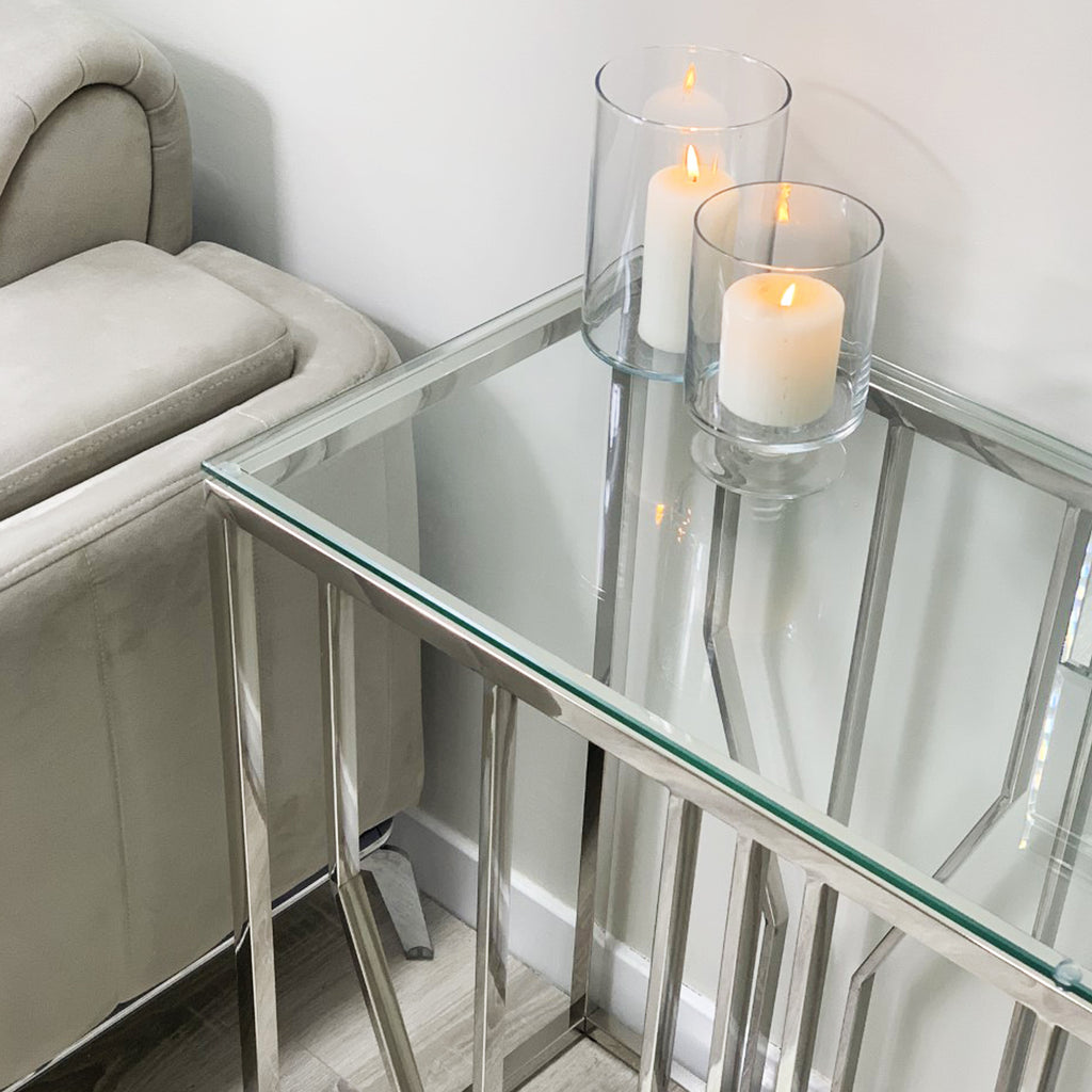 Aria Silver Deco Console Table With Clear Glass Top