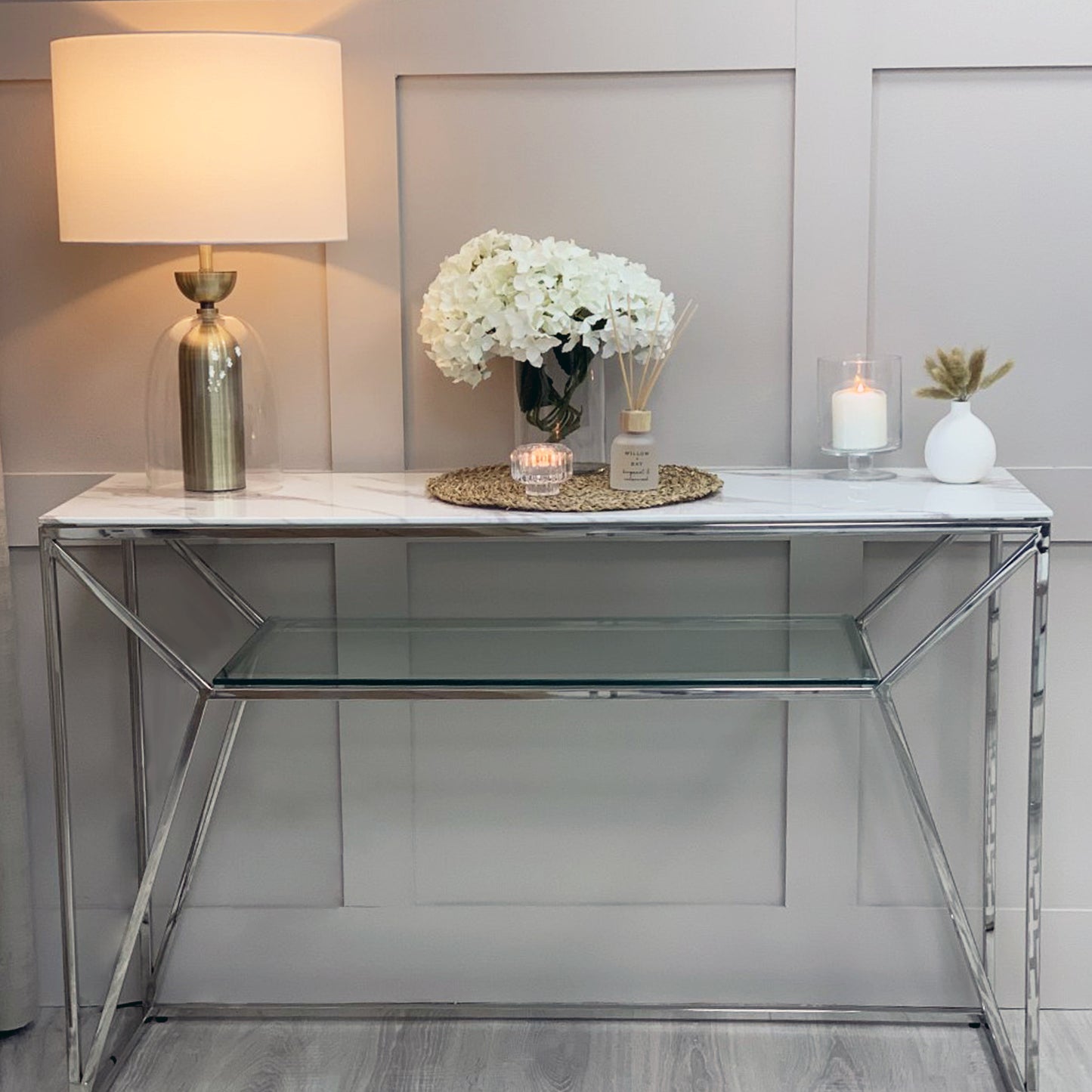 Ava White Marble Effect Console Table With Silver Legs