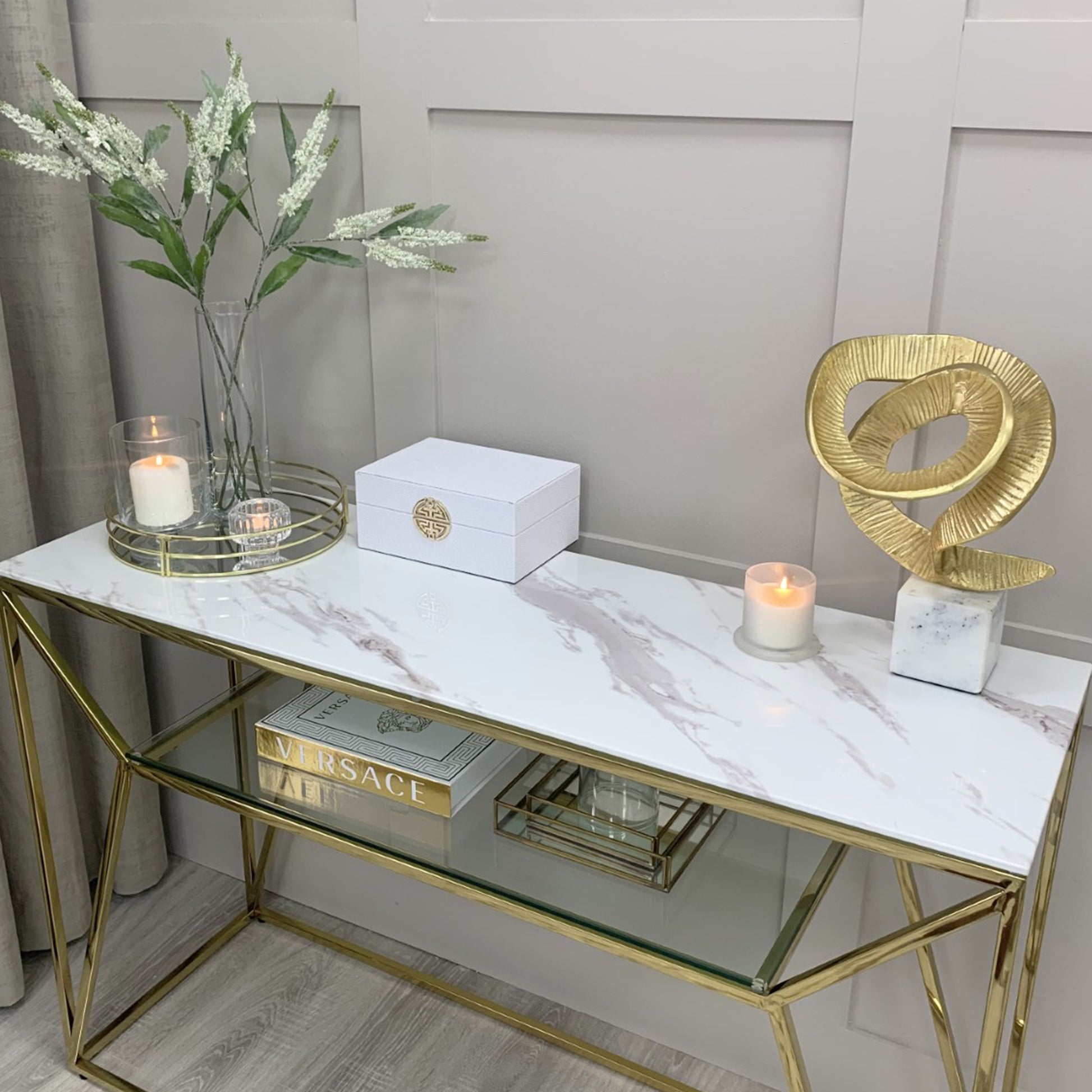 Ava White Marble Effect Console Table With Gold Legs