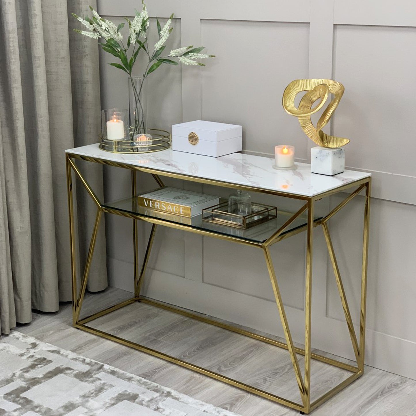 Ava White Marble Effect Console Table With Gold Legs