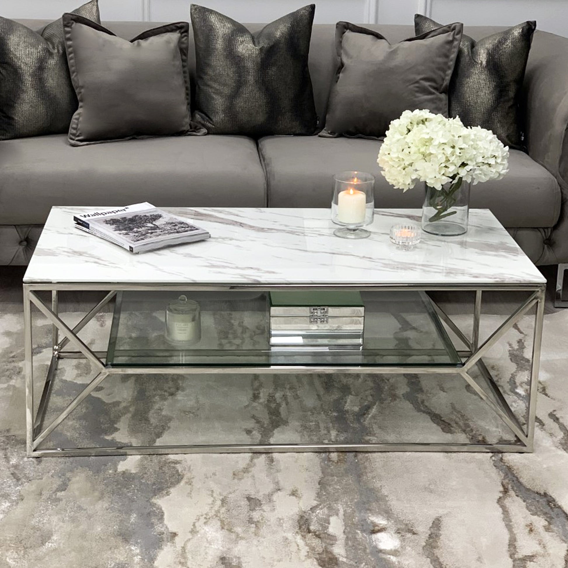 Ava White Marble Effect Coffee Table With Silver Legs