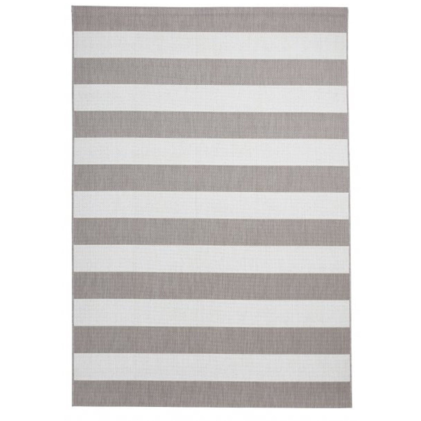 The chic and minimal beige and cream stripe outdoor rug with a muted beige chunky line design is an ideal choice for modern outdoor living.