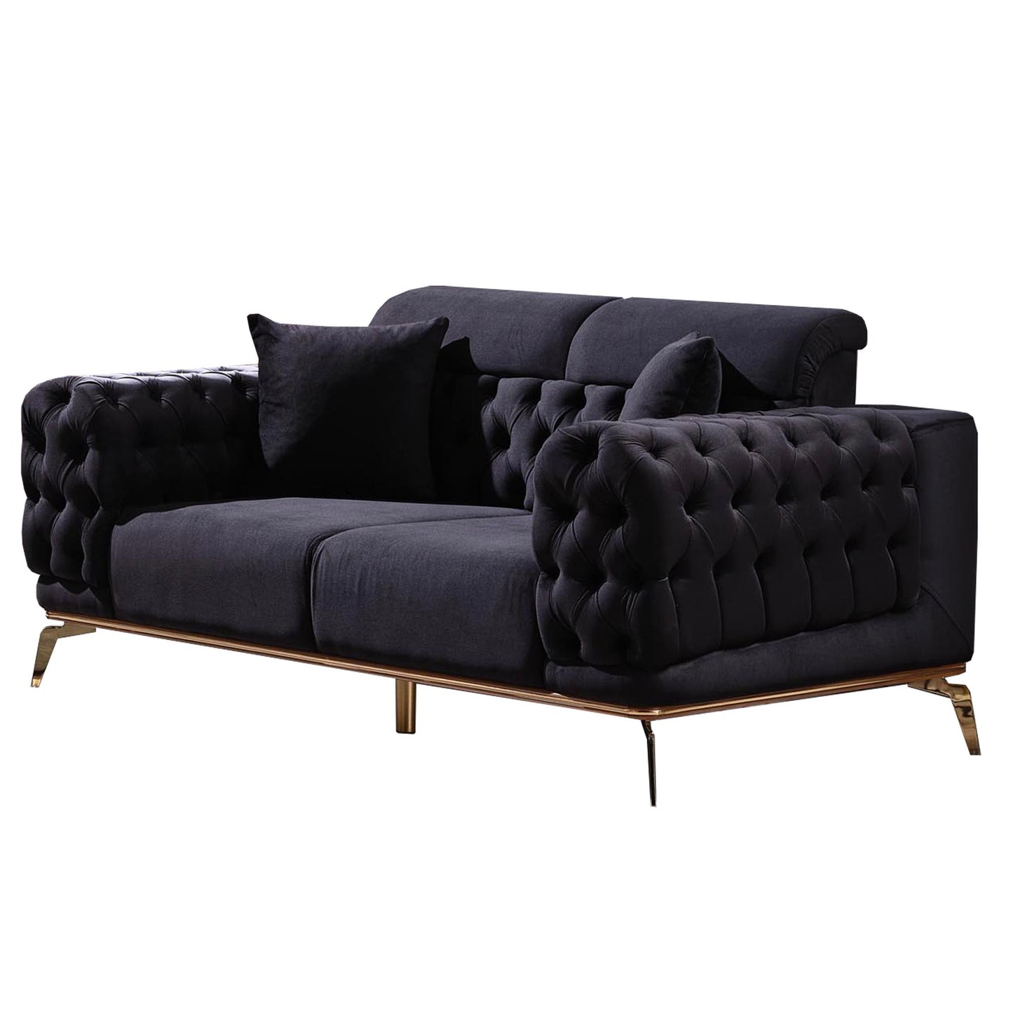 Yasmin Buttoned Black Velvet 2 Seater Sofa With Gold Legs
