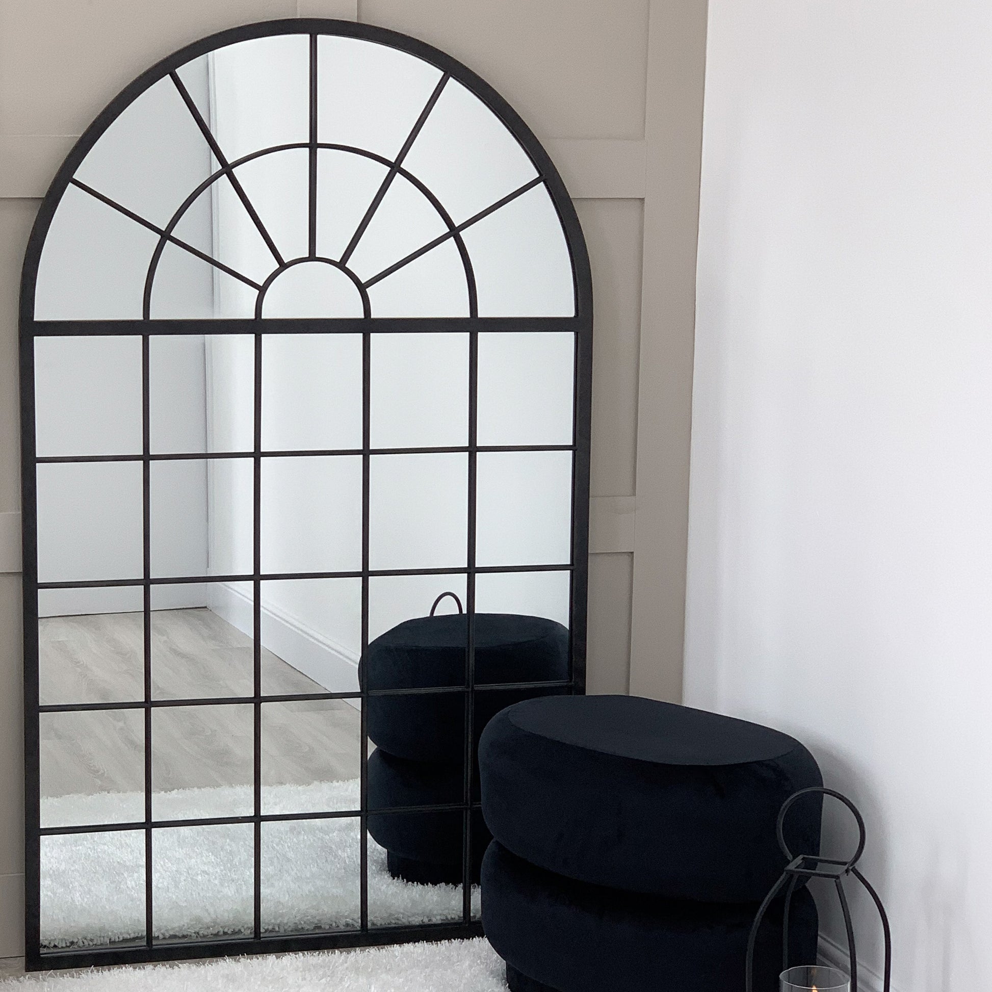 Large Black Arched Window Style Mirror