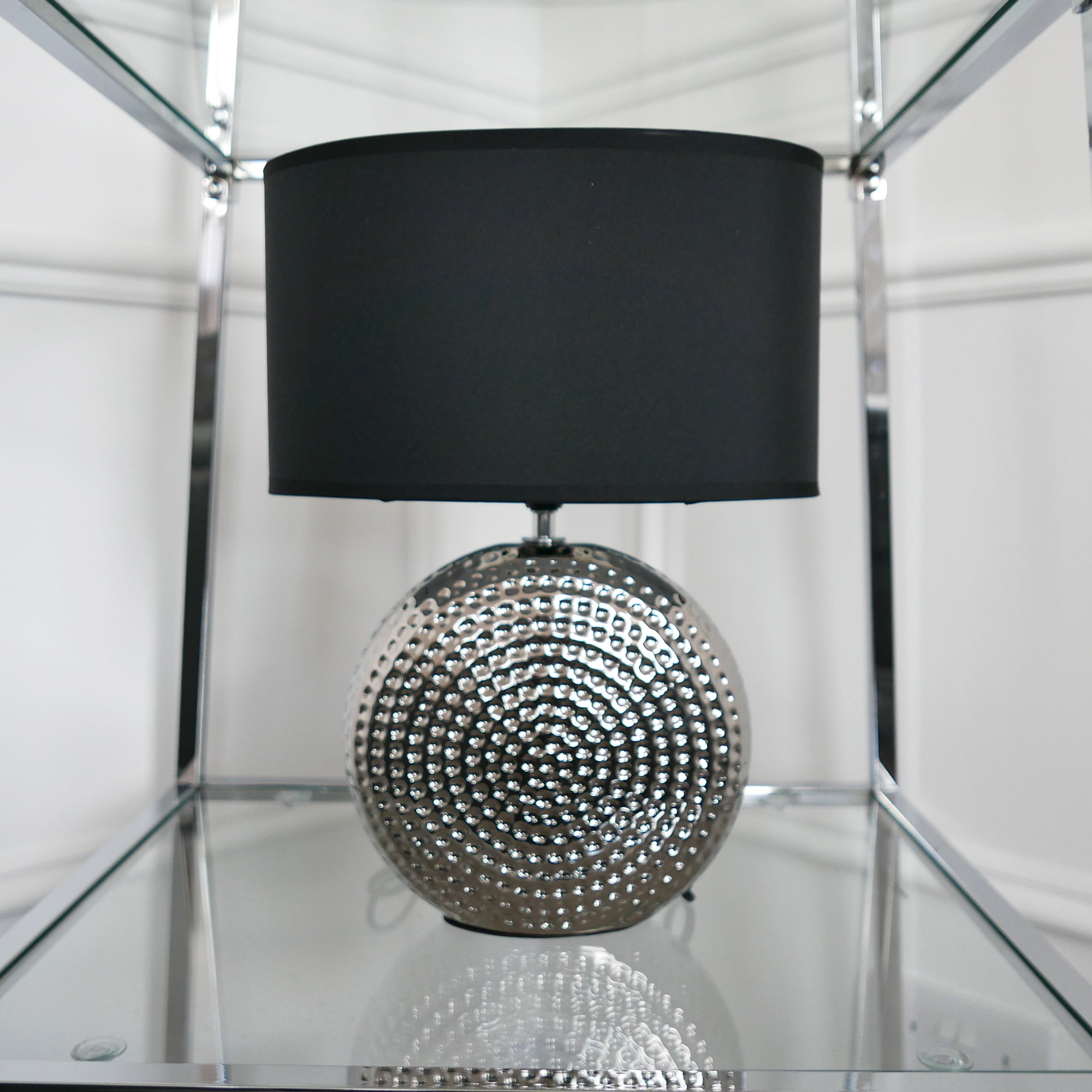 Hail Hammered Effect Silver Table Lamp With Black Shade