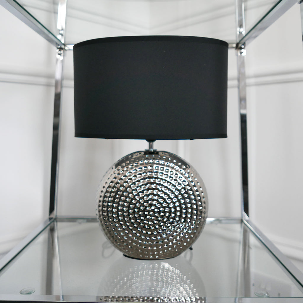 Hail Hammered Effect Silver Table Lamp With Black Shade