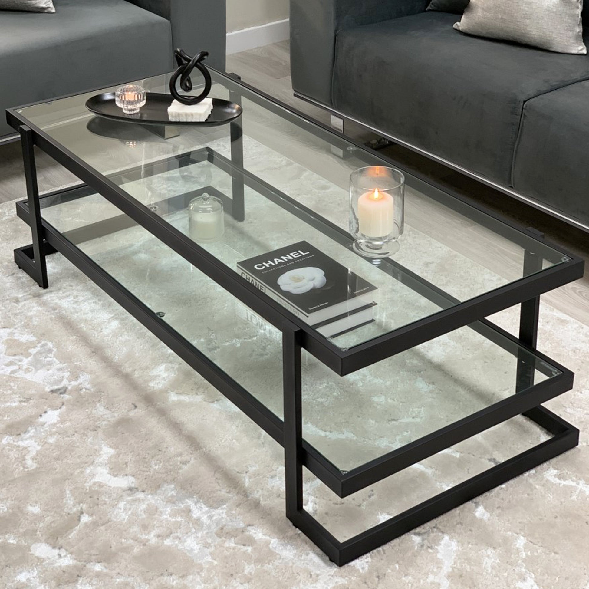 Clara Clear Glass Coffee Table With Matte Black Frame