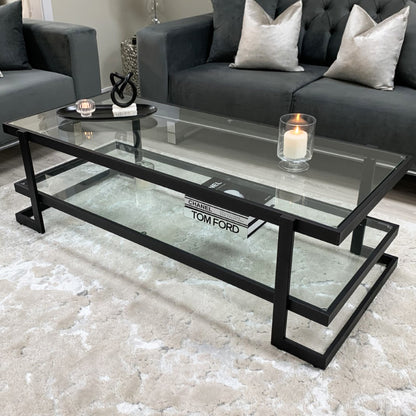 Clara Clear Glass Coffee Table With Matte Black Frame