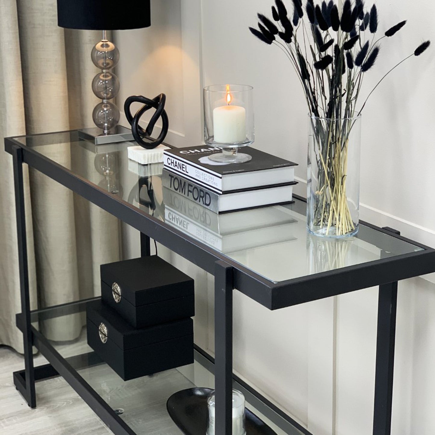 Clara Clear Glass Console Table With Matte Black Frame