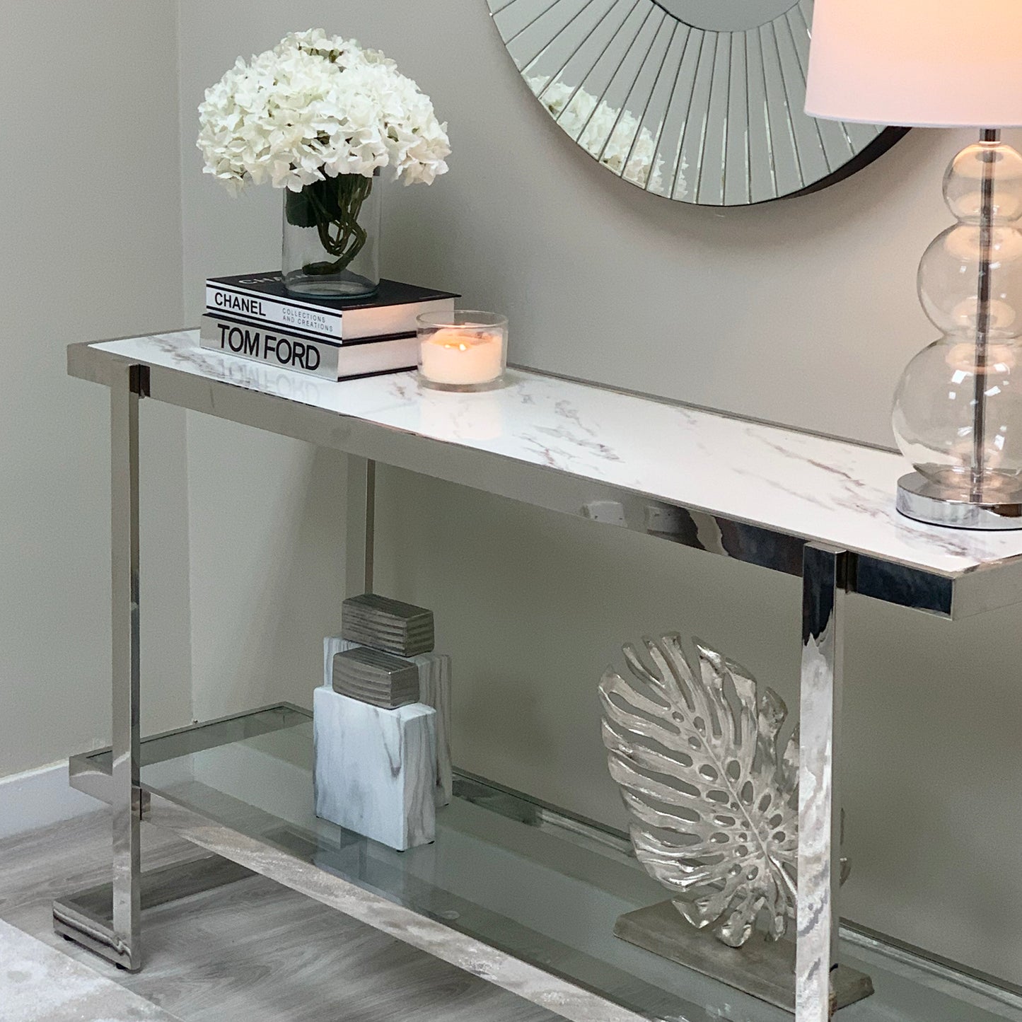Clara White Marble Effect Console Table With Silver Frame