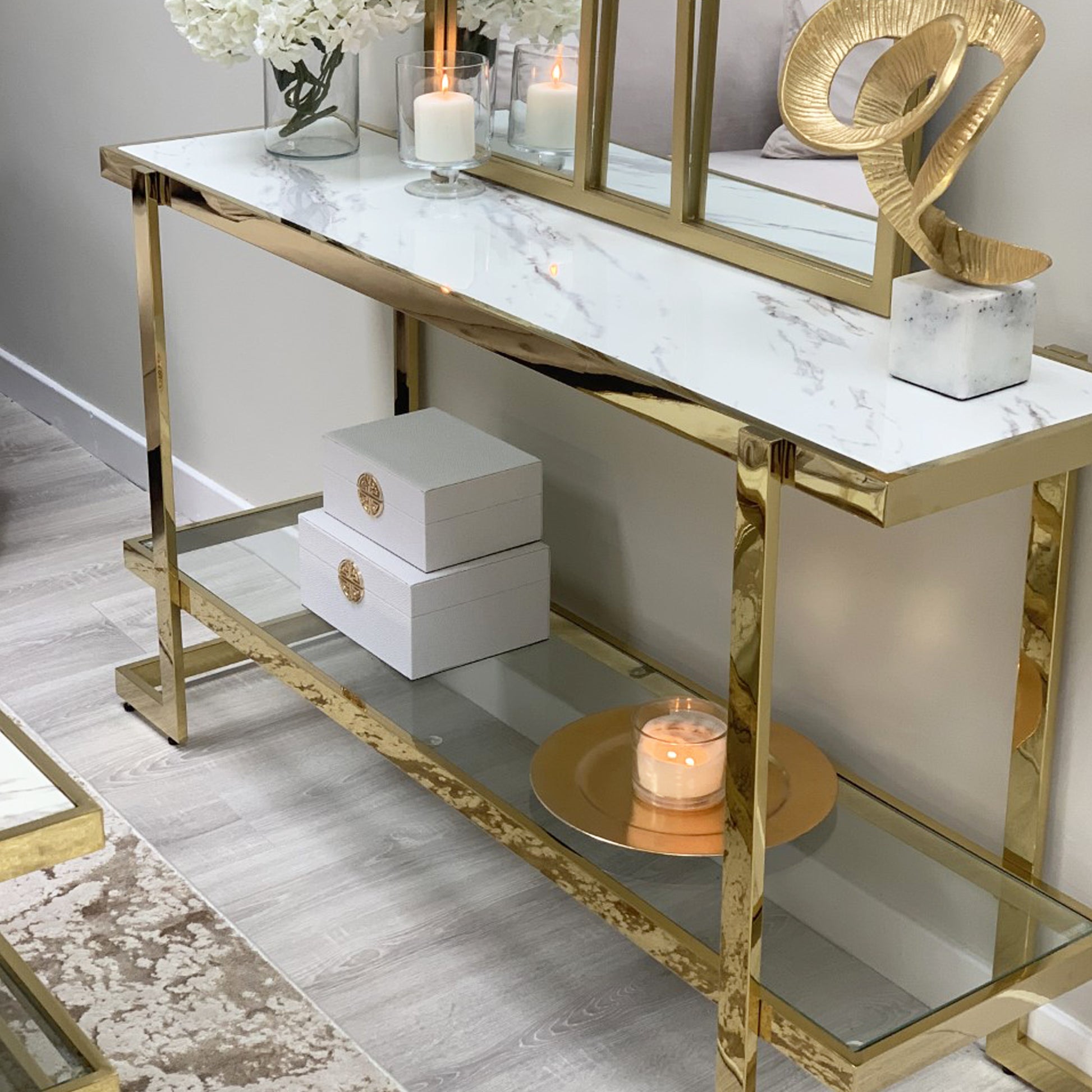 Clara White Marble Effect Console Table With Gold Frame