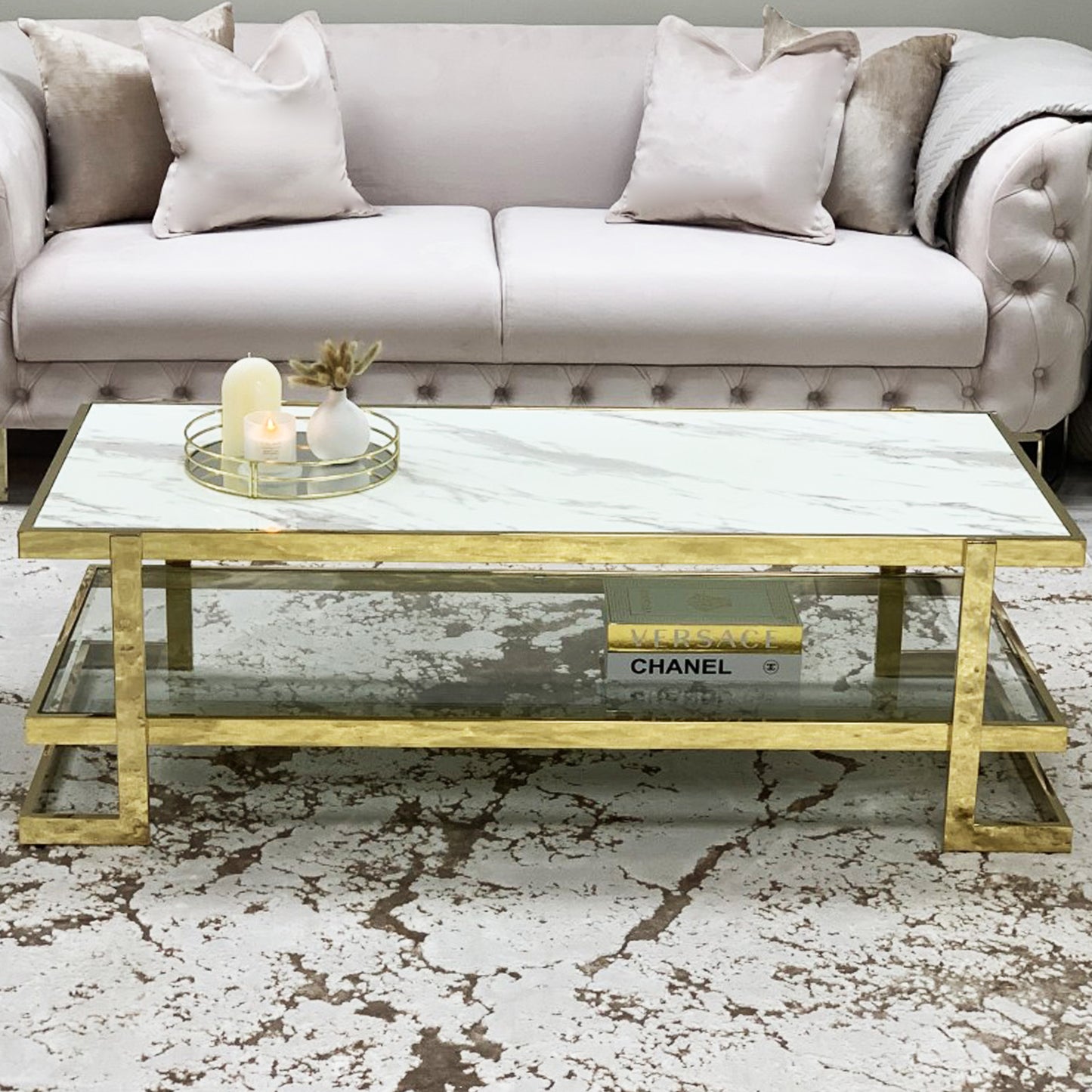 Clara White Marble Effect Coffee Table With Gold Frame