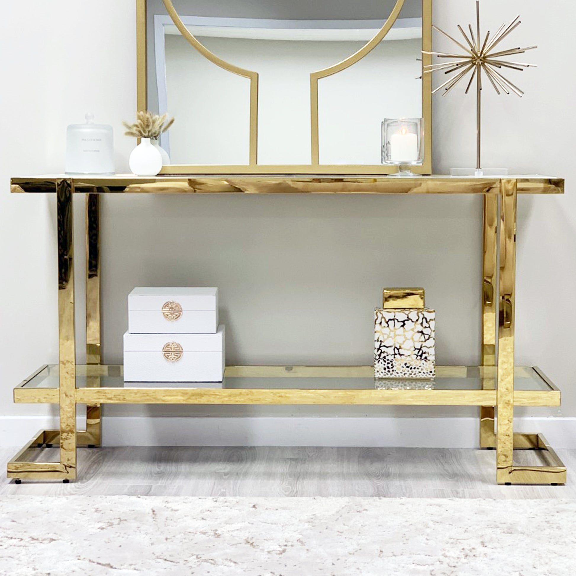 Clara White Marble Effect Console Table With Gold Frame