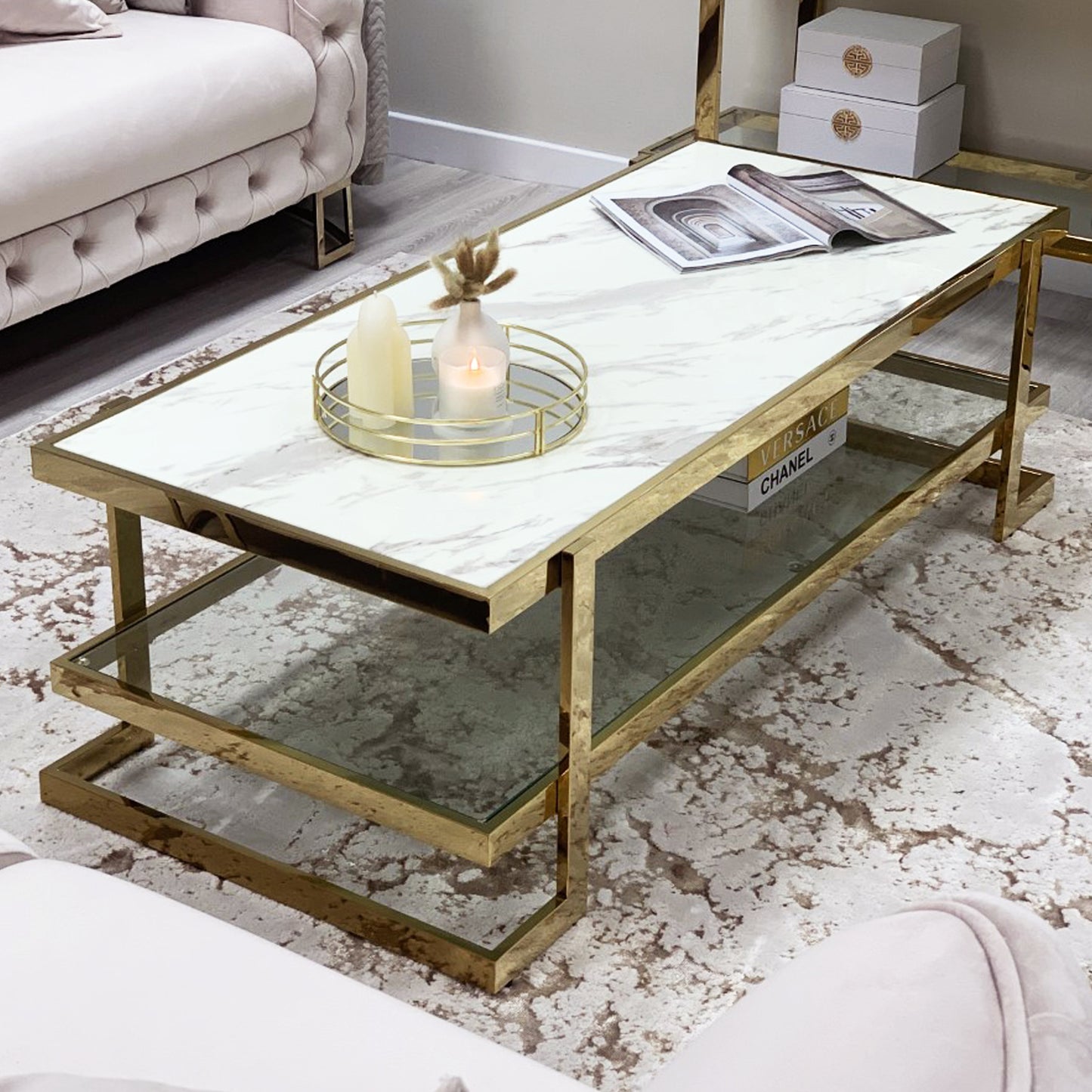 Clara White Marble Effect Coffee Table With Gold Frame