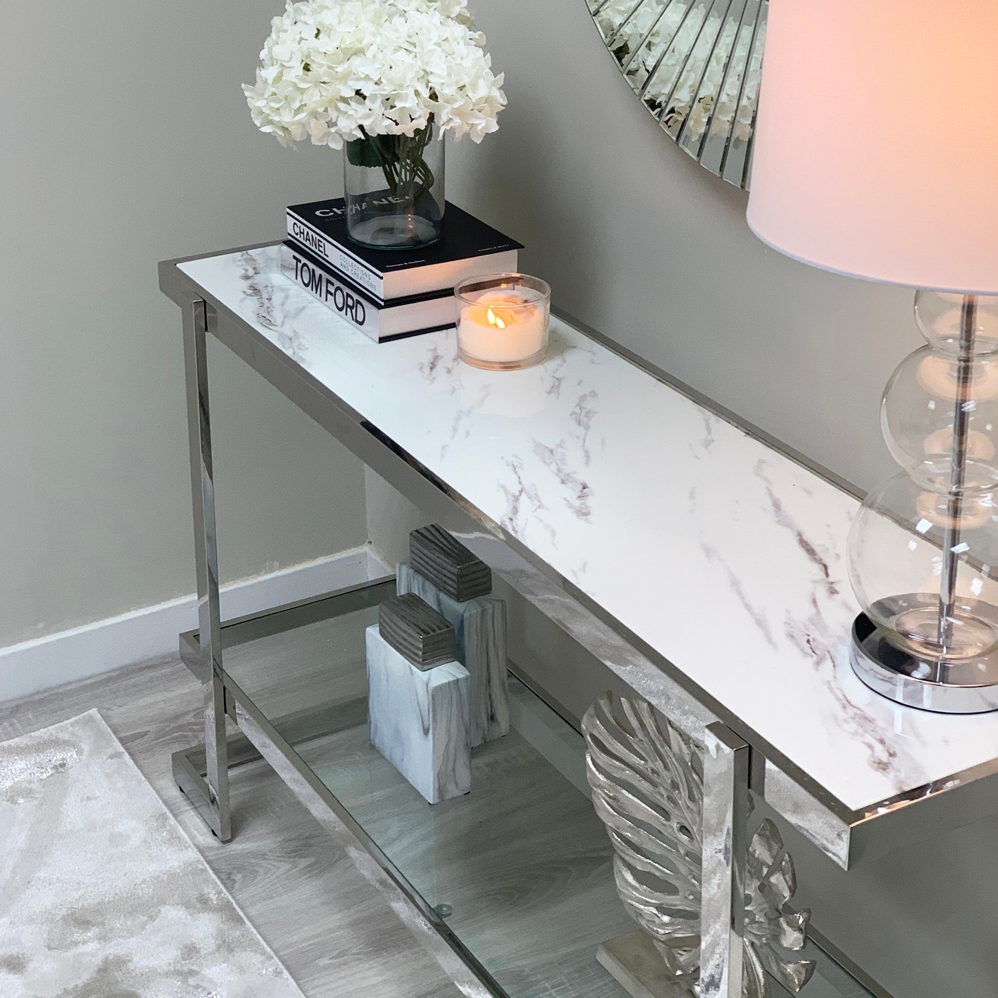 Clara White Marble Effect Console Table With Silver Frame