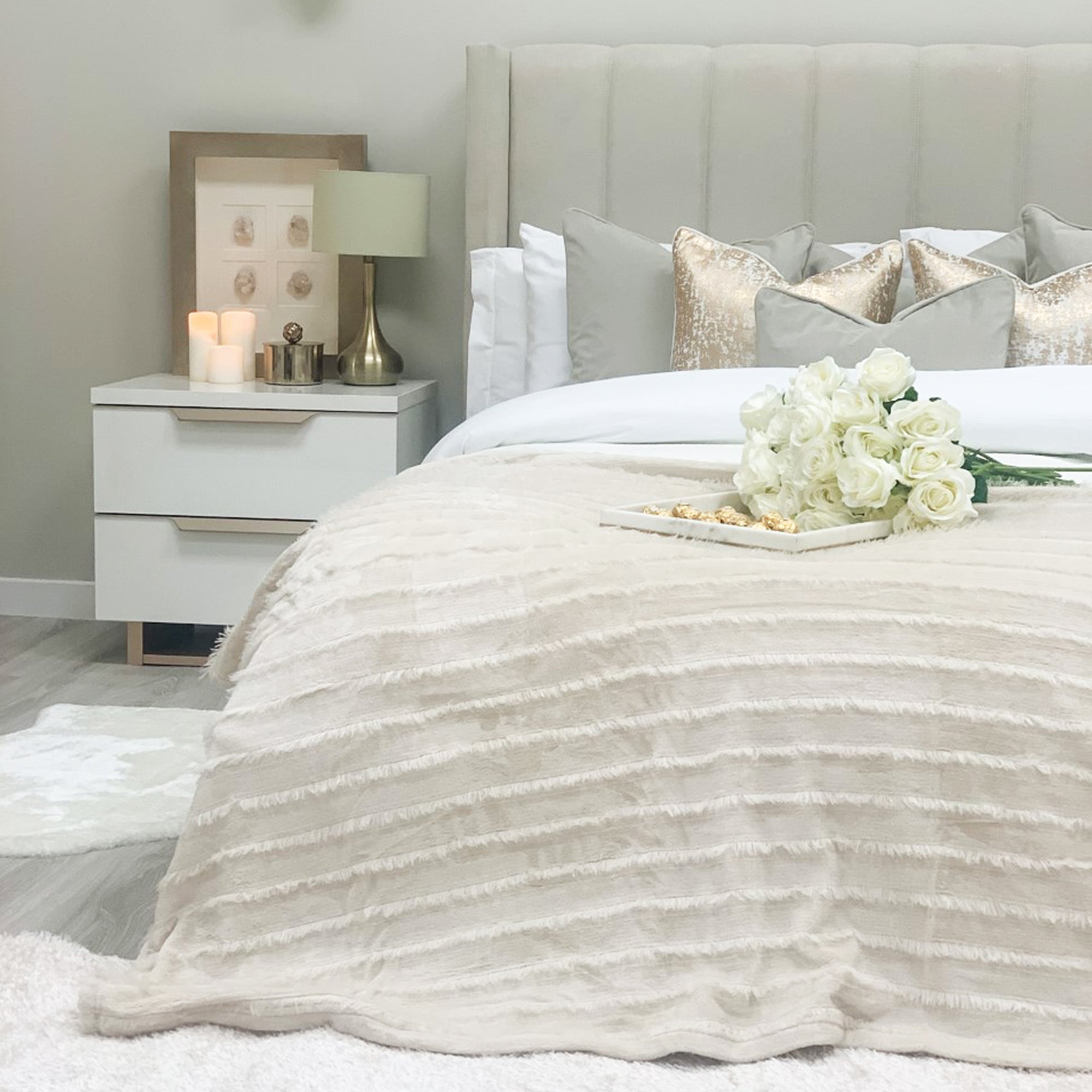 Cream Soft Throw Blanket With Fringe