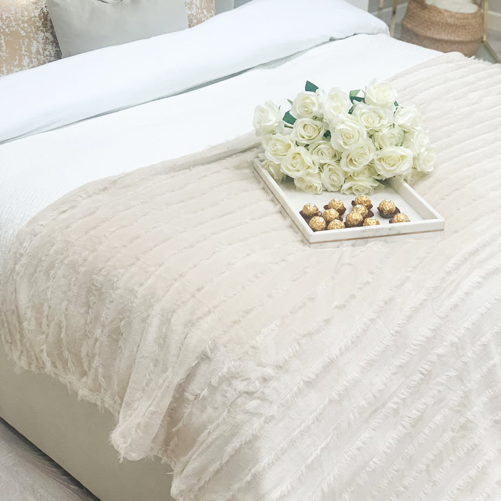 Cream Soft Throw Blanket With Fringe